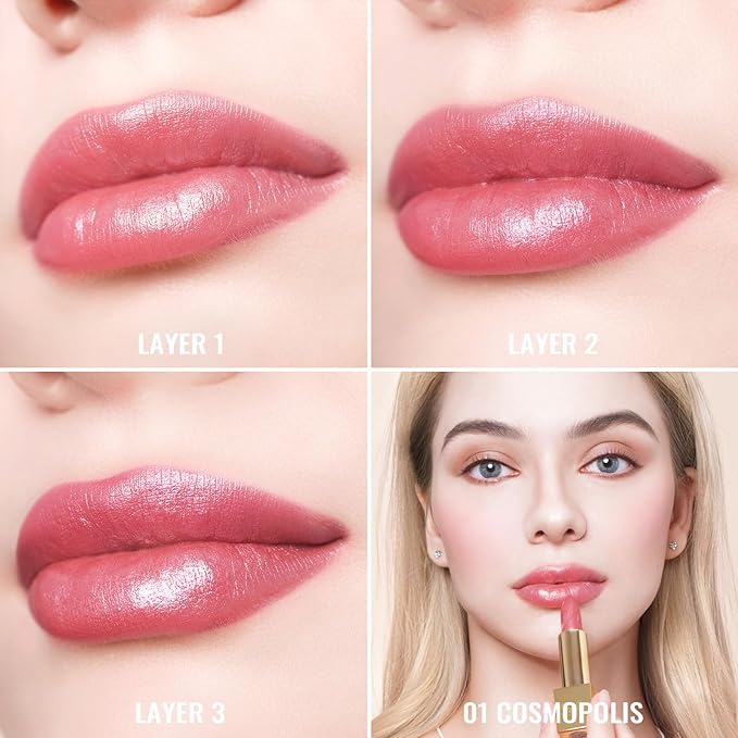 Oulac Pink Lipstick for Women with Metallic 3D Shine Lightweight Hydrating Formula, High Impact Lip Color, Vegan Beauty, Full Coverage Lip Makeup, Christmas Gifts for Women, Cosmopolis(01)