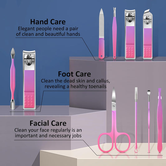 BLESWIN 10 in 1 Manicure Pedicure Kit, Manicure Kit for Women Professional, Mens Nail Grooming Kit, Manicure Tools Gift for Luxury Leather Travel Case for Family Friends (Pink & Purple)