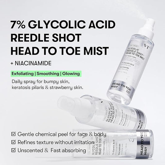 VT COSMETICS 7% Glycolic Acid Reedle Shot Head-to-Toe Mist with Niacinamide, Exfoliating Spray for Bumpy & Strawberry Skin, Dark Spots, Skin Texture, Keratosis Pilaris, Korean Skincare (4.05 fl oz)