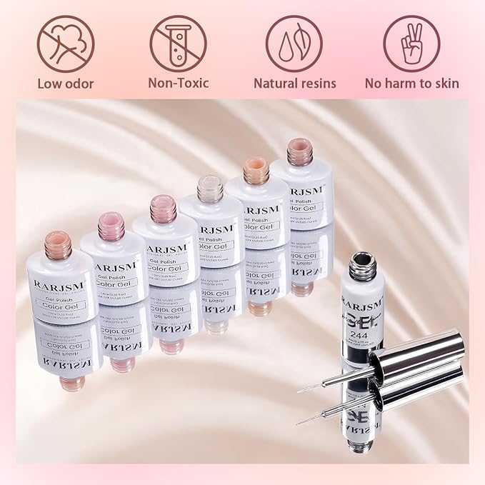 RARJSM Nude Gel Nail Polish Set 6 Colors with Metallic Silver Chrome Gel Liner Sheer Jelly Gray Pale Rose Apricot Pink GelPolish Transparent French Manicure Neutral GelVarnish LED UV Curing Requires