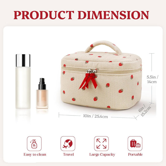 Prite Corduroy Large Travel Quilted Makeup Bag for Women Floral Cotton Cosmetic Bag Coquette Aesthetic Floral Toiletry Organizer Bag(Strawberry)