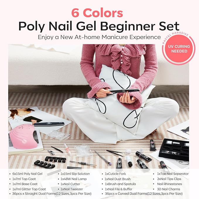 Modelones Poly Extension Gel Nail Kit, 6 Colors Pink Nude with 48W U V/LED Lamp Slip Solution 3D Bow Pearl Charms Decoration Rhinestone Glitter Tools for Manicure Beginner Starter Kit DIY at Home