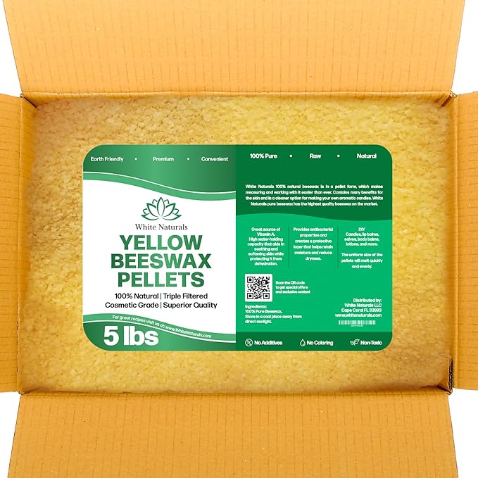 Yellow Beeswax Pellets 5lb, 100% Pure, Natural, Cosmetic Grade, Organic, Bees Wax Pastilles, Triple Filtered, Great For Candle Making, Soaps, Food Wraps, DIY Lip Balms, Sunscreen By White Naturals