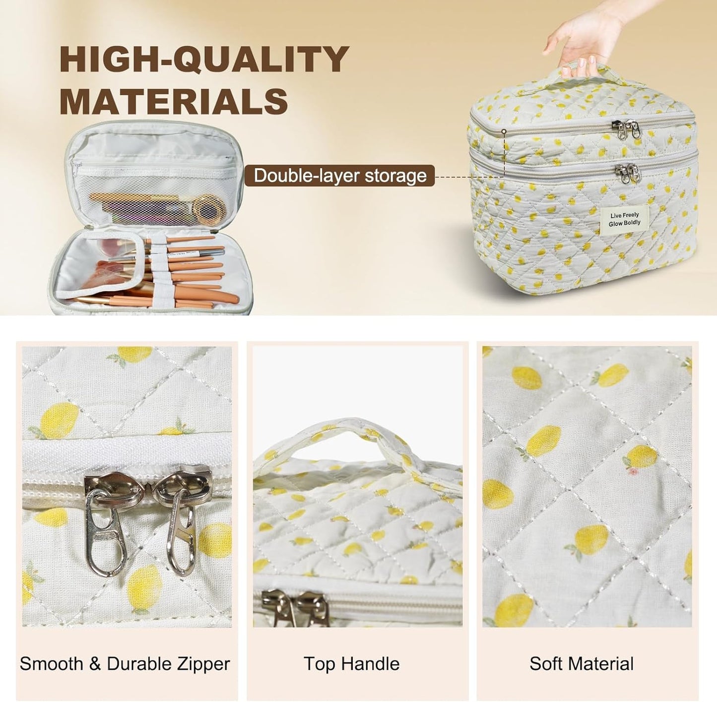 3Pcs Large Travel Quilted Makeup Bag, Double Layer Cute Floral Cotton Toiletry Bag, Aesthetic Flower Cosmetic Bag Coquette Skincare Organizer Bag for Women (78-Lemon)
