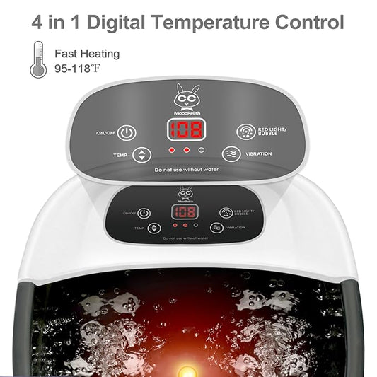 Foot Spa Bath Massager with Heat Bubbles and Vibration Massage and Jets, 16 OZ Calming Lavender Foot Soak Epsom Salt, MoodRelish Foot Soaker with Red Light, 22 Massage Rollers, Adjustable Temp - Black