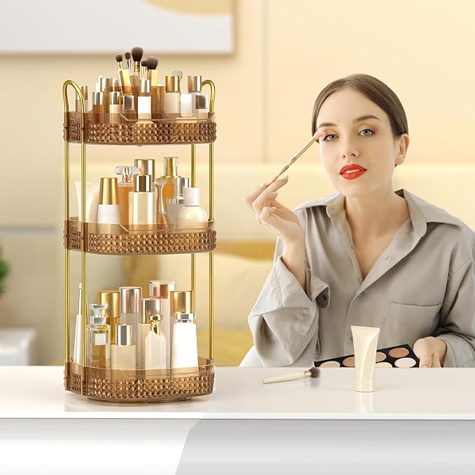 Rotating Makeup Organizer for Vanity 3 Tier, Perfume Organizer with Makeup Brush Holder, Large Capacity Cosmetics Clear Skincare Organizer for Countertop (Pink)