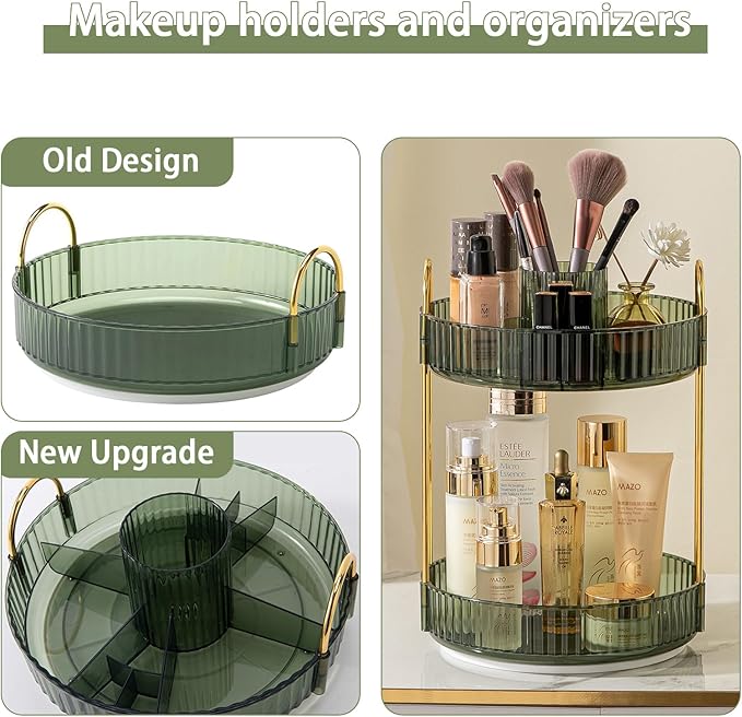 Rotating Makeup Organizer for Vanity, High-Capacity Skincare Clear Make Up Storage Perfume Organizers Cosmetic Dresser Organizer Countertop 360 Spinning (Green, New-2 Tier)