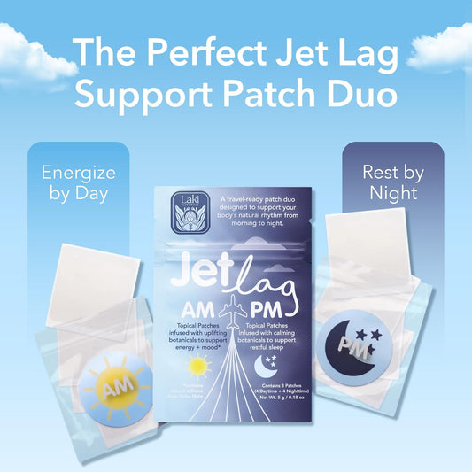 Jet Lag AM & PM Travel Patches – Natural Day & Night Support for Travelers – Energy, Focus & Restful Sleep – with B12, Rhodiola, Valerian, Lemon Balm, Lavender & More – 8 Topical Patches