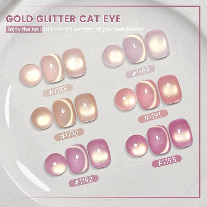 RARJSM Jelly Nude Gold Glitter Cat Eye Gel Nail Polish Set 6Pcs Sheer Pink Light Purple Champagne Mavue Brown Diamond Cateye Gelpolish with Magnetic Stick UV LED Curing Require Home Salon Nail Design