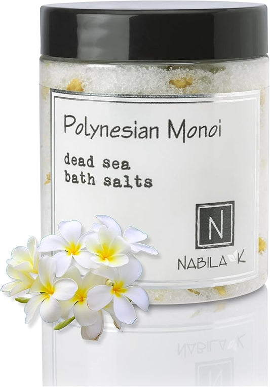 Polynesian Monoi Bath Salts by Nabila K - Dead Sea Salt & Epsom Salt Scrub & Soak - Exfoliates & Hydrates Skin, Botanical Essential Oils - Bubble Bath Accessories for All Skins Types, 8 oz
