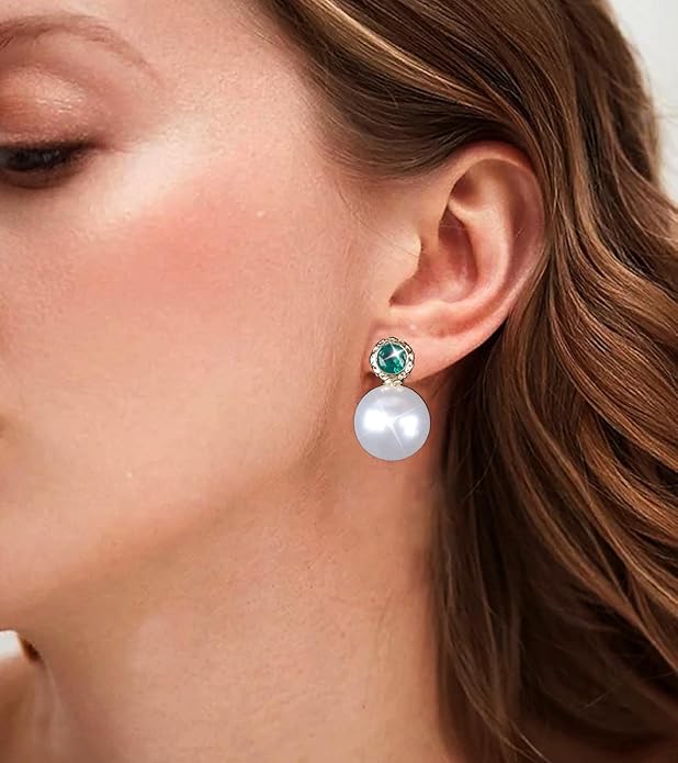 Vintage Emerald Pearl Earrings Gold Pearl Drop Earrings Green Emerald Studs Earrings Rhinestone Pearl Emerald Earrings Jewelry for Women
