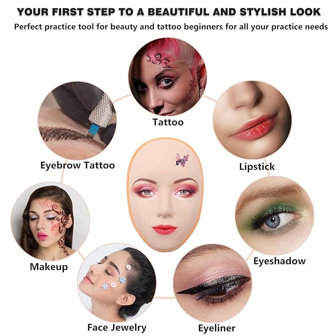 Makeup Practice Face Kit - Includes 6PCS Practice Fake Face & 5D Face Model Stand and Eye Makeup Assistance Tools, Ideal for Daily Makeup Training and Workshops