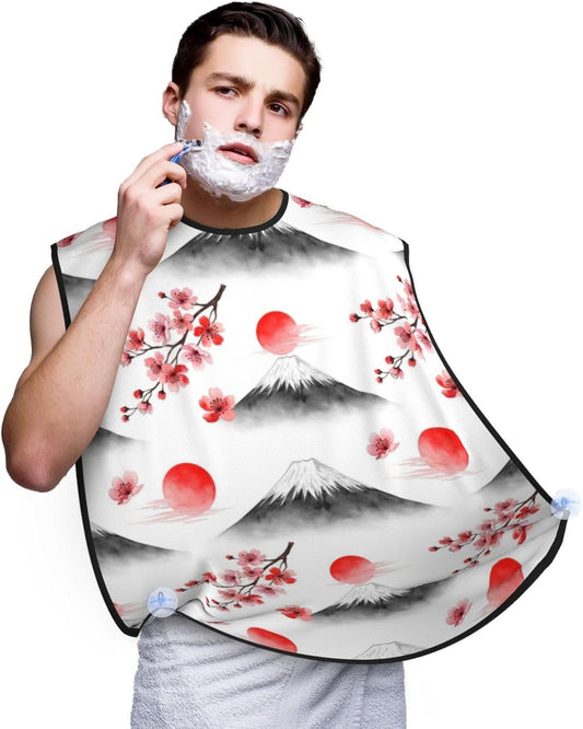 Men's Shaving Accessory Japanese Blossom Watercolor Cherry Flower Mountain, Waterproof Beard Apron with Hair Catcher & Suction Cups