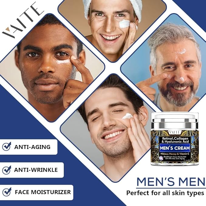 VAITE Mens Face Skin Moisturizer with Collagen, Retinol Ant-Aging, Anti-Wrinkle Under the Eyes Men's cream care for Face with Hibiscus & Honey, Hyaluronic acid, Vitamin C Made in USA