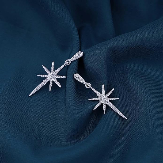 Vintage Crystal Northstar Dangle Earrings Rhinestone Northstar Studs Earrings Gold Cz Star Drop Earrings Sparkly Cz Starburst Earrings Jewelry for Women