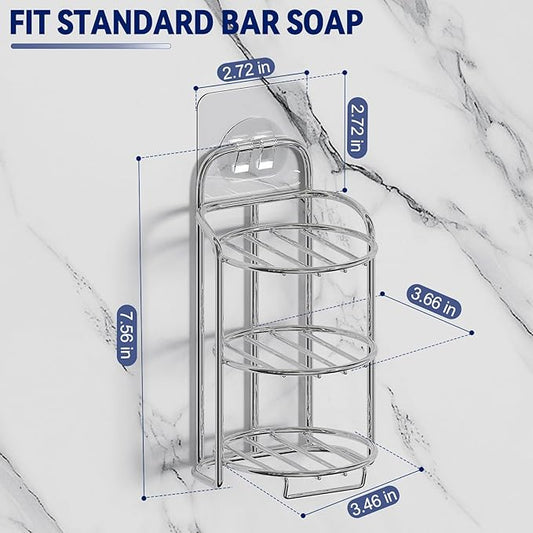 Silver 3-Tier Shower Soap Shampoo Bar Holder, Self Adhesive & Freestanding Draining Soap Dish Caddy for Bathroom Wall Accesories Decor