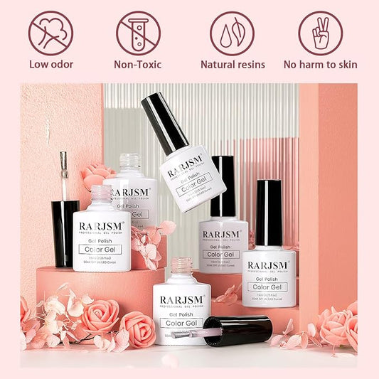 RARJSM Glitter Nude Gel Nail Polish 6pcs Set Shimmery Nail Gel Polish Iridescent Sparkly Gold Rainbow Pigment Jelly Sheer Pink Milky Silver White Translucent Natural Skin Tone Color 7.5ml Soak off