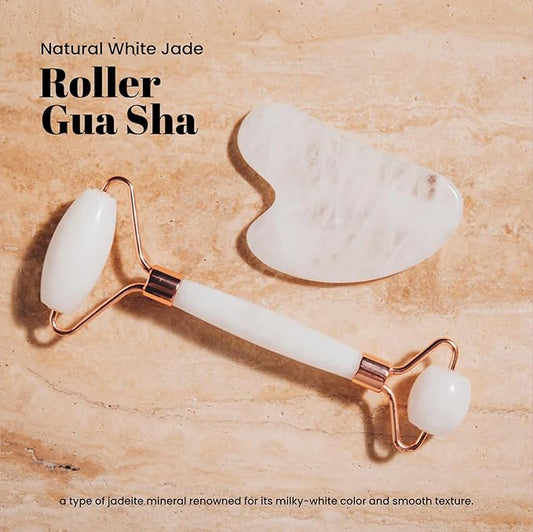 ROSELYNBOUTIQUE Gua Sha Facial Tools & Face Roller for Wrinkless Natural Skincare Tool Jade Roller Guasha Tool for Face Facial Massager (White Jade)