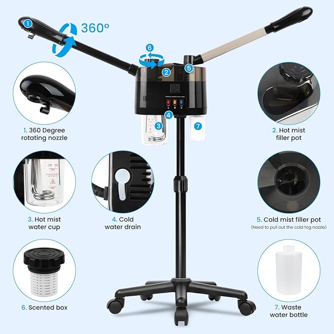 Professional Facial Steamer, Hot&Cold Mist Facial Steamer, Facial Humidifier on Wheels, Esthetician Steamer for Facial Deep Cleaning and Moisturize, Suitable for Spa, Salon and at Home Use