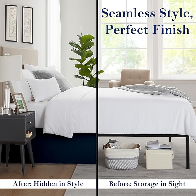 King Bed Skirt, Luxury 12 Inch Drop Navy Blue Pleated Bed Skirt, Double Brushed Microfiber, Box Pleat Design, Wrinkle & Fade Resistant, Easy Fit Tailored Bedskirt for King Size Beds