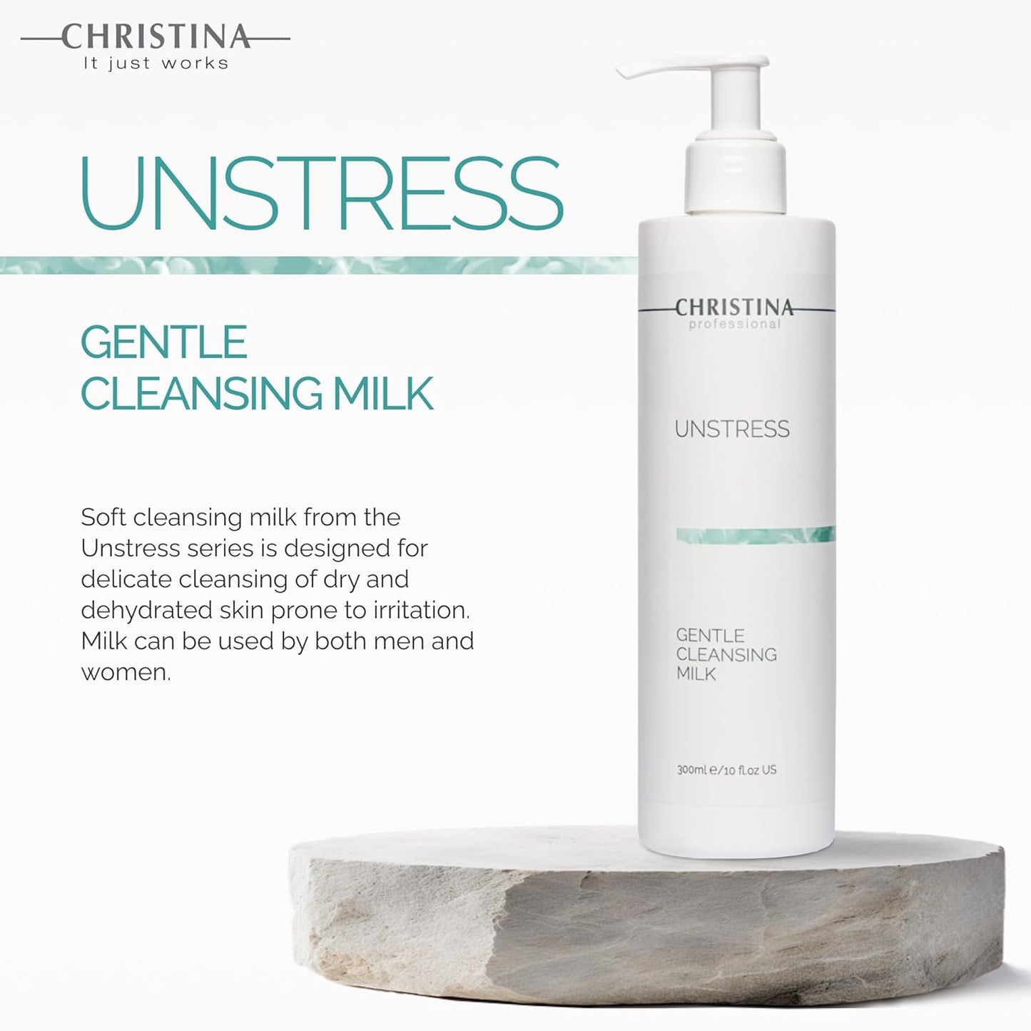 Christina - Unstress Gentle Cleansing Milk with Vitamin E | Smothing Refreshing milk Cleanser for Face | Soap-free Cleansing Milk for Face | Suitable for All Skin Types (10 fl oz.)