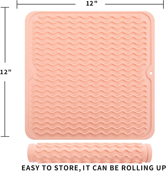 Silicone Dish Drying Mat for Multiple Usage,Easy clean,Eco-friendly,Heat-resistant Silicone Mat for Kitchen Counter or Sink,Refrigerator or Drawer liner Pink M 12 inches x 12 inches
