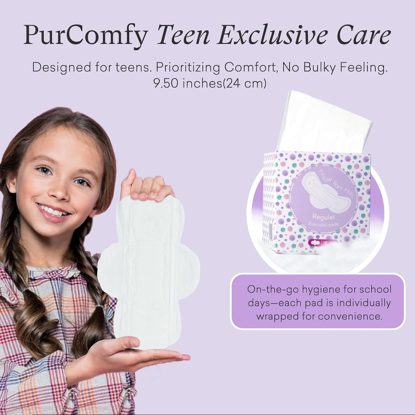 Teens Period Pads with Wings for Tweens, Organic Cotton Sanitary Pads for Teen Girls 9-14, Teen Regular, 18 CT