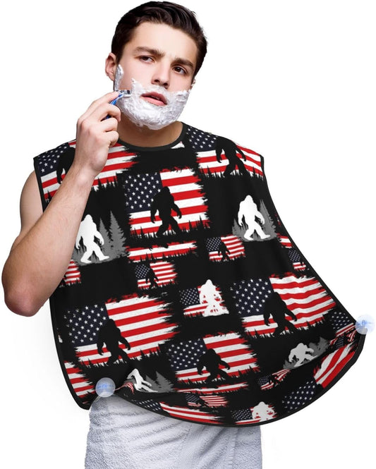 Adjustable Non-Stick Beard Apron, Hair Catcher Cape for Shaving Grooming, Waterproof with Suction Cups Men, Sasquatch USA American Flag Shave Bib