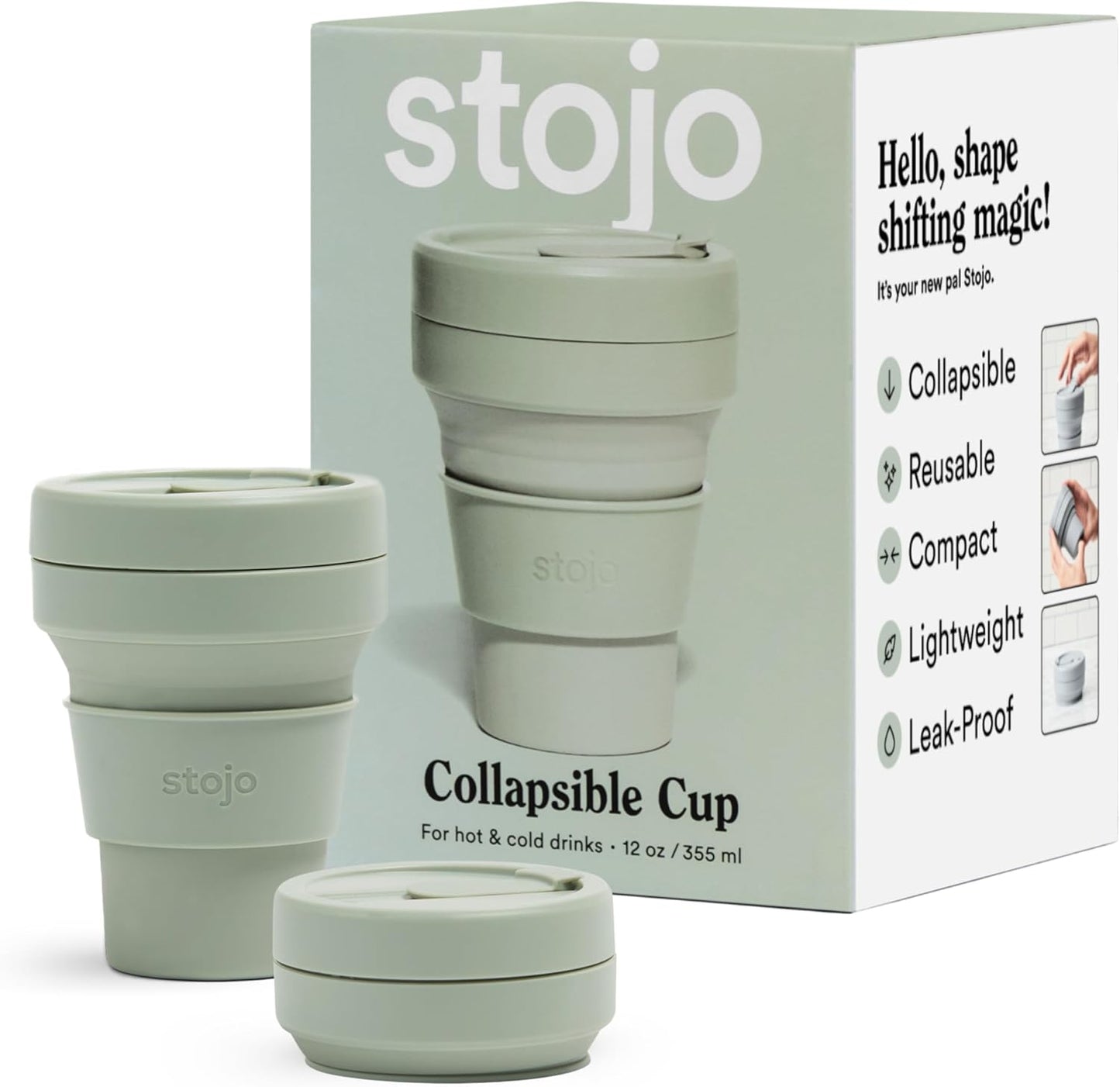 STOJO Collapsible Travel Cup - Reusable To-Go Pocket Size Silicone Bottle for Hot and Cold Drinks - Perfect for Camping - Microwave & Dishwasher Safe (Sage, 12 Ounce (Pack of 1) - No Straw)