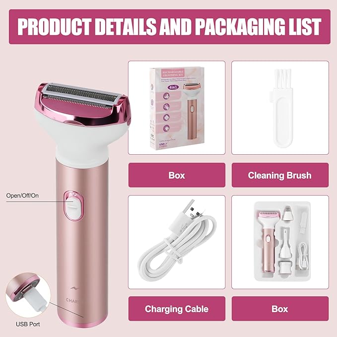 Women Face Epilator, 4-in-1 Body Shaver and Facial Epilator, Hair Removal for Faces, Rechargeable Electric Facial Hair Removal Devices for Face, Armpits, Eyebrows, Nose