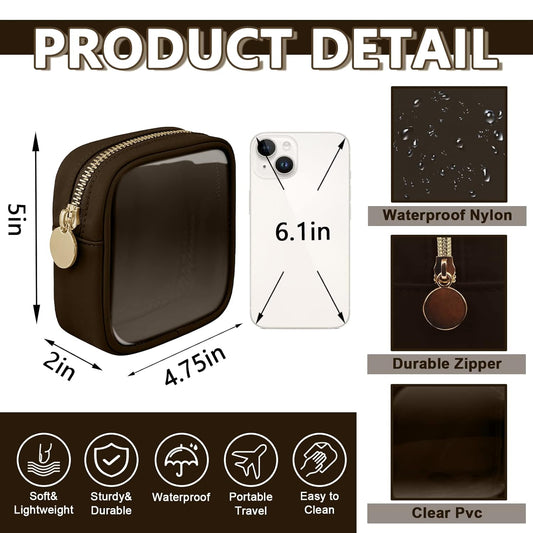 Clear Mini Makeup Bag for Purse, Small Nylon&PVC Cosmetic Travel Bag TSA Approved Toiletry Bag with Zipper, Preppy Transparent Makeup Travel Bag Coin Purse for Women Men Girls(Mini-Chocolate)