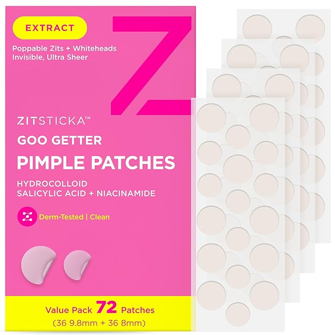 ZitSticka Pimple Patches for Face and Body, Goo Getter Hydrocolloid Patches to Cover Zits & Blemishes, Acne Patches or Zit Spot Stickers, Body Blemish Patch (72 Pack)