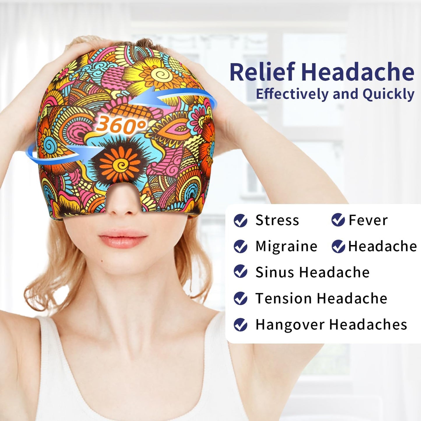 ZNÖCUETÖD Migraine Relief Cap Headache Relief Cap Cold Cap Ice Hat for Migraines Headache Sinus Stress Tension Head Ice Pack Wrap Migraine Mask Hangover Cap Ice Beanie Hot/Cold Compression Women