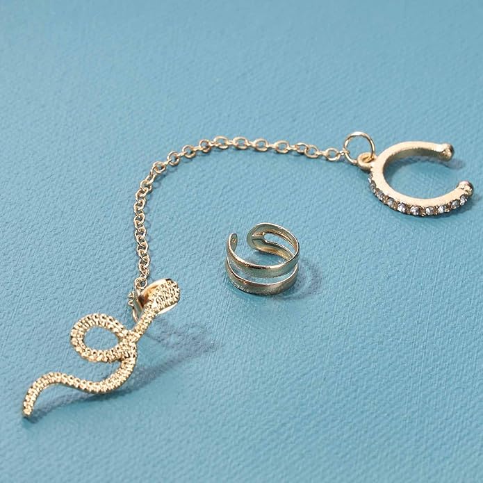 Punk Snake Cuff Chain Earrings Gold Serpent Cartilage Earrings Snake Ear Wrap Earrings Gothic Snake Helix Chain Earrings Gold Long Chain Earrings Jewelry for Women and Girls