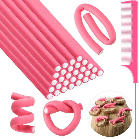 Syhood 30 Pieces Flexible Curling Rods Twist Hair Rollers Soft Foam Rods No Heat and 1 Pcs Steel Rat Tail Comb for Women Long and Short Hair(7 x 0.3 Inch,Pink)