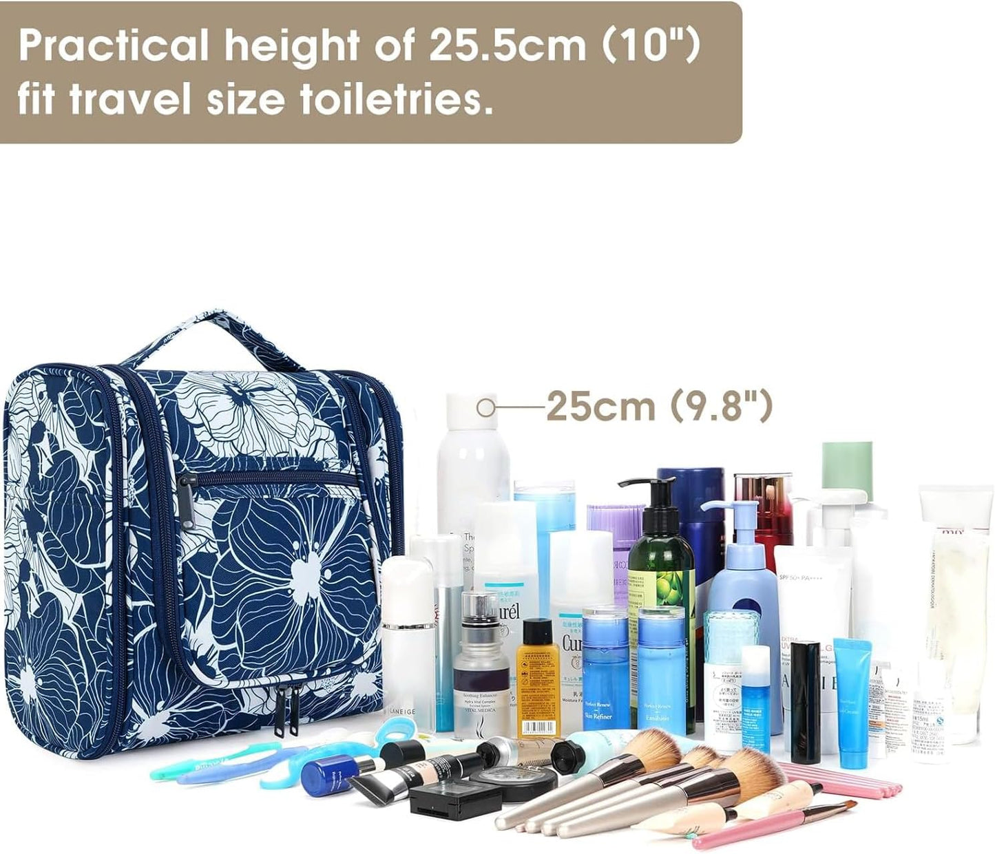 Narwey Hanging Toiletry Bag for Women Travel Makeup Bag Organizer Toiletries Bag for Cosmetics Essentials Accessories (Large, Blue Lotus)