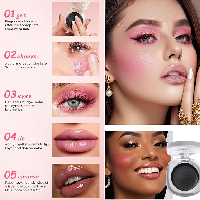 Cream Blush Makeup, Natural Pink/Black Glossy Face Blusher, Color Changing Cream Blush for Cheek and Lip Tint, Blendable Formula, Matte and Dewy Finish Lightweight Blush Makeup (Black, One)