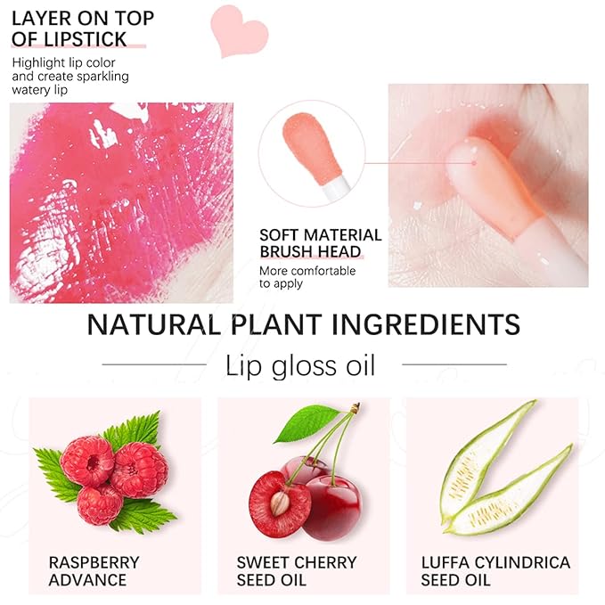 Plumping Lip Oil, Hydrating Lip Glow Oil Cherry, Plumper Lip Gloss Oil Set Clear, Lip Oil Tinted for Lip Care and Dry Lips, Long Lasting Nourishing Lip Glow Oil,Lip Plumper Gloss(001 PINK)