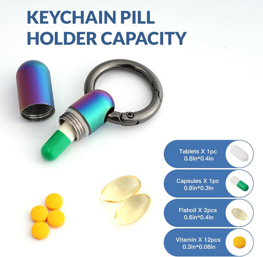 TISKY Small Keychain Pill Holder Titanium,Waterproof Tiny Pill Container with Keyring,Mini Portable Pill Case for Travel,Pill Organizer for Purse Pocket(Multicolor)