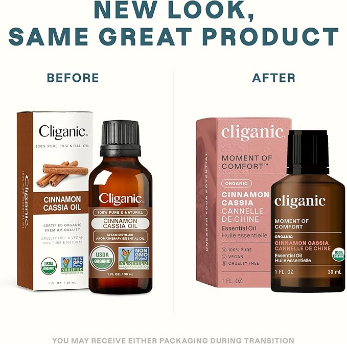 Cliganic Organic Cinnamon Cassia Essential Oil, 1oz - 100% Pure Natural Undiluted, for Aromatherapy | Non-GMO Verified (Packaging May Vary)