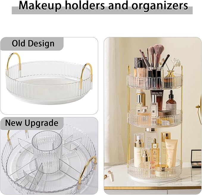 Rotating Makeup Organizer for Vanity, High-Capacity Skincare Clear Make Up Storage Perfume Organizers Cosmetic Dresser Organizer Countertop 360 Spinning (Clear, New-3 Tier)