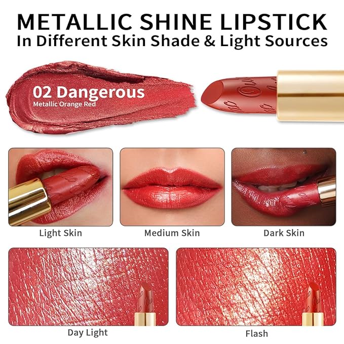 Oulac Orange Red Lipstick for Women with Metallic 3D Shine Lightweight Hydrating Formula, High Impact Lip Color, Vegan Beauty, Full Coverage Lip Makeup, Christmas Gifts for Women, Dangerous(02)