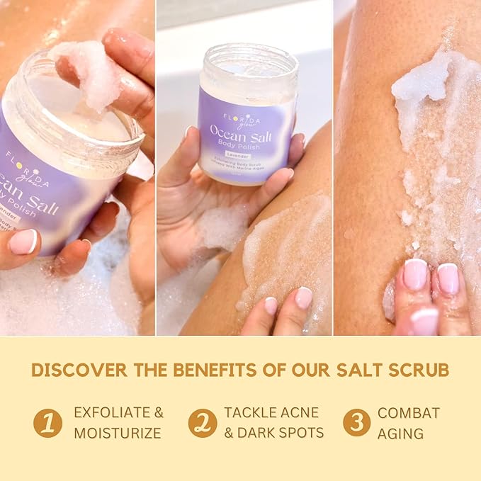 Sea Salt Body Scrub by Florida Suncare - Ocean Salt Body Polish Infused with Marine Algae - Exfoliating Face and Body Scrub - Facial Scrub Exfoliator to Tackle Acne and Scars (Yuzu, 12.1 oz)