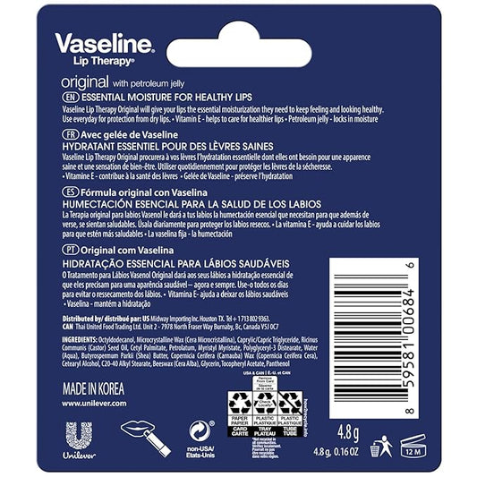 Vaseline Lip Therapy Original, Fast-Acting Lip Moisturizer For Very Dry Lips, Lip Balm Stick, 0.16 Oz Ea (Pack of 8)