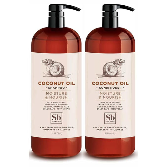 Soapbox Shampoo and Conditioner Set with Coconut Oil, Jojoba Oil, Aloe and Shea Butter to Moisturize and Nourish for All Hair Types, 1 Liter Each (Pack of 2)
