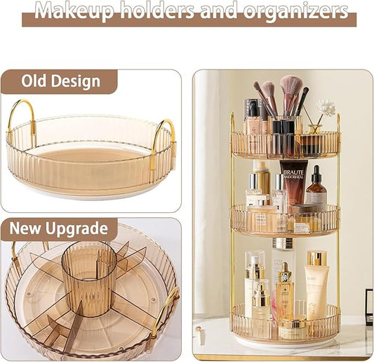 Rotating Makeup Organizer for Vanity, High-Capacity Skincare Clear Make Up Storage Perfume Organizers Cosmetic Dresser Organizer Countertop 360 Spinning (Gold, New-3 Tier)