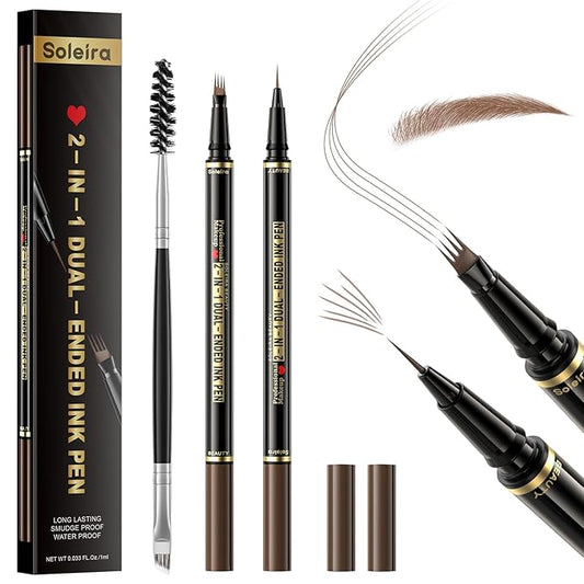 Eyebrow Pen, Soleira Waterproof Eyebrow Pencil with 4 Tip Microblading Eyebrow Pen and Dual-ended Eyebrow Brush, for Natural-Looking Brows, Long-Lasting, Ash Brown