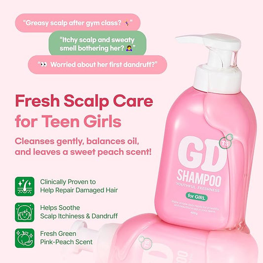 TS GD Shampoo for Girls | Korean Teen Shampoo with Upgraded Probiotics | Anti-Dandruff & Itchy Scalp Relief | Pink Peach Allergy-Free Fragrance | Sulfate-Free (13.53 fl oz, 400ml)
