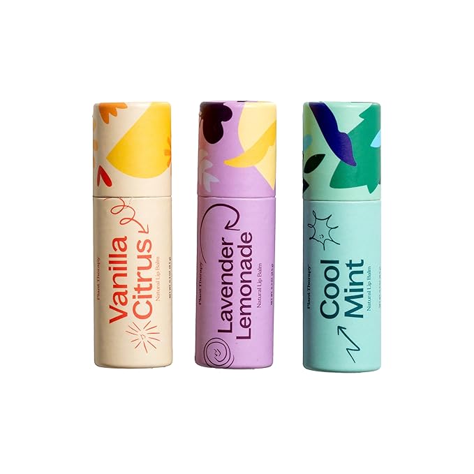 Plant Therapy Love Your Lips Lip Balm Trio Set 0.9 oz (25.5 g) Simple, Natural Ingredients & Packaged in Eco-Friendly Recyclable Cardboard, Refreshing Flavors Including: Lavender Lemonade, Vanilla Citrus, Cool Mint