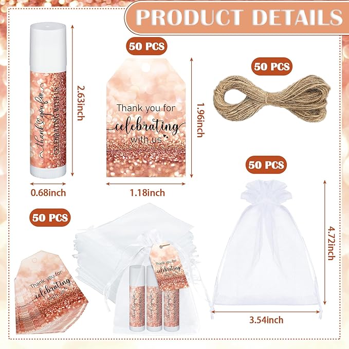 Dunzy 50 Pack Bridal Shower Favors Gifts Bulk Lip Balms Wedding Bachelorette Favors Baby Shower Favors Prizes Souvenirs Thank You Appreciation Gifts for Guests Women Men Coworker Staff